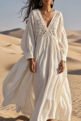 Linen Blend Hollow Stitching V-neck Loose Midi Dress