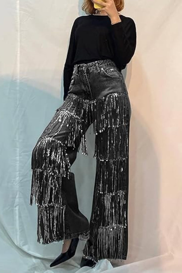 Stylish High-waisted Pocket Tassel Casual Straight Leg Jeans