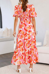 Holiday Flower Print Puff Sleeve Midi Dress