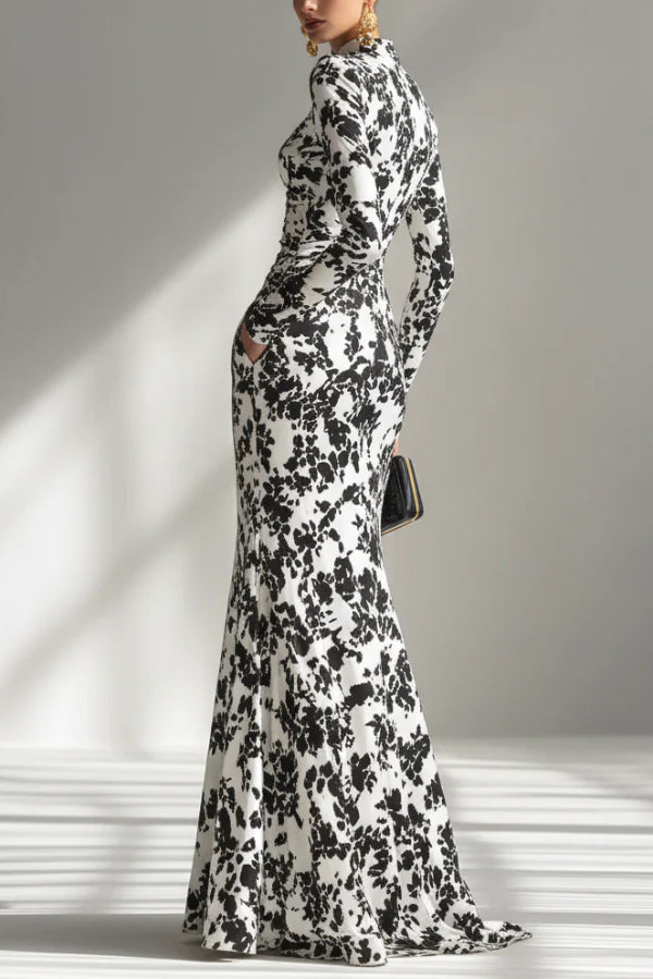 Black and White Color-blocked Printed Long-sleeved Pocket Slim-fit Pleated Maxi Dress