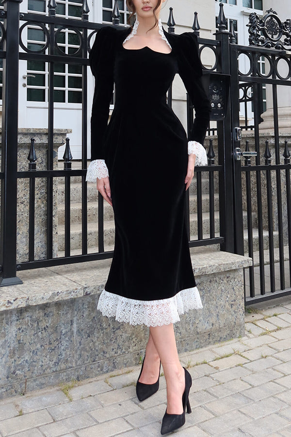 Baroque Style Velvet Lace Trim Sweetheart Neck Long Sleeve Flare Midi Dress