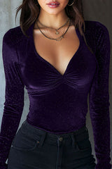 Fashionable Velvet Sequined V-neck Long-sleeved Fitted Top