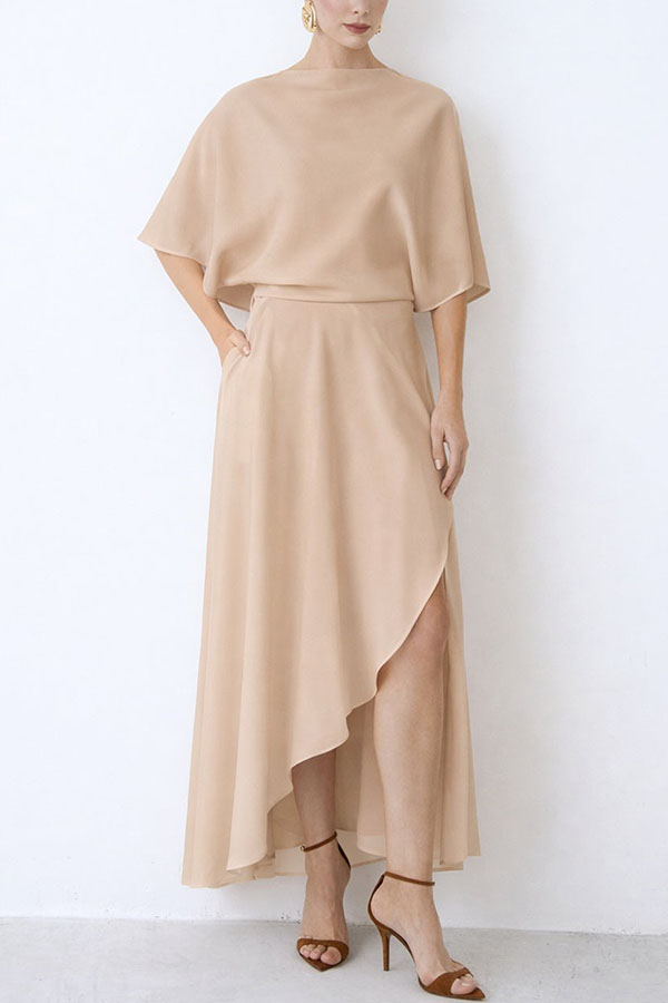 Modern and Elegant Satin Half Wide Sleeve Wrap Style Pocket Slit Loose Maxi Dress