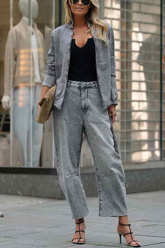 Casual Meetup Washed Denim Mid Rise Pocketed Barrel Jeans