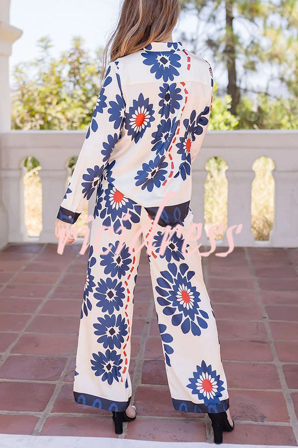 Unique Printed Lapel Long-sleeved Loose Shirt and Casual Pocket Wide-leg Pants Set