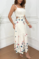 Vanie Linen Blend  Floral Print Cutout Waist Back Smocked Slit Maxi Dress