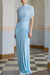 Elegant Mesh Cape-style Pleated Draped Maxi Dress