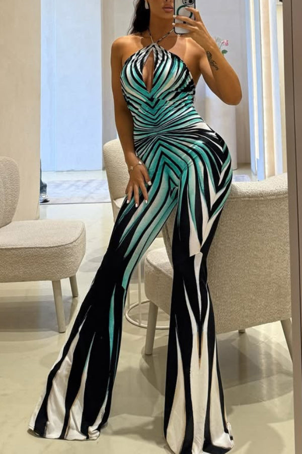 Unique Striped Print Halter Neck Cutout Tie-up Casual Flared Jumpsuit