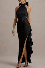 Maureen Satin High Neck Ruched Ruffle Slit Draped Maxi Dress