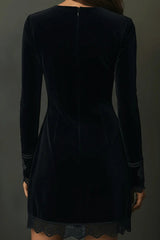 Fashionable Velvet V-neck Long-sleeved Lace-trimmed Mini Dress