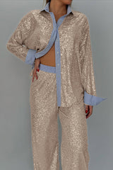 Fashion Sequined Loose Long-sleeved Shirt and Casual Elastic Waist Wide-leg Pants Set