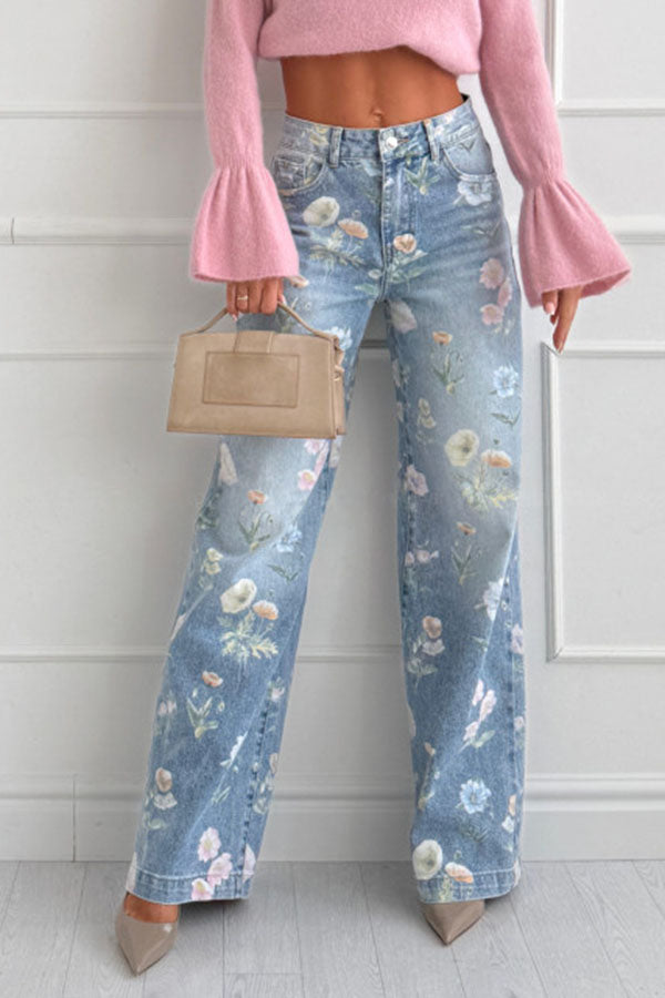 Spring Calling Denim Colorful Floral Print High Rise Pocket Straight Leg Jeans