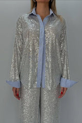 Fashion Sequined Loose Long-sleeved Shirt and Casual Elastic Waist Wide-leg Pants Set