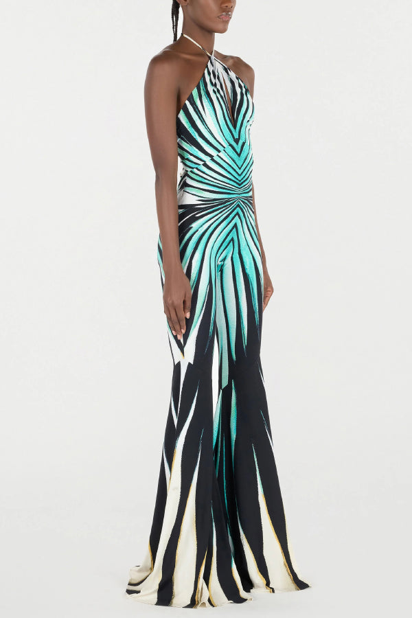 Unique Striped Print Halter Neck Cutout Tie-up Casual Flared Jumpsuit