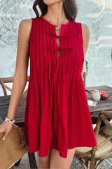 Solid Color Sleeveless Tie Pleated Casual Mini Dress