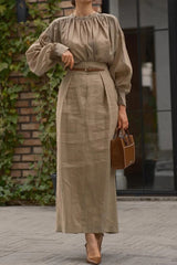 Solid Color Round Neck Long-sleeved Pleated Shirt and Elegant Maxi Skirt Set