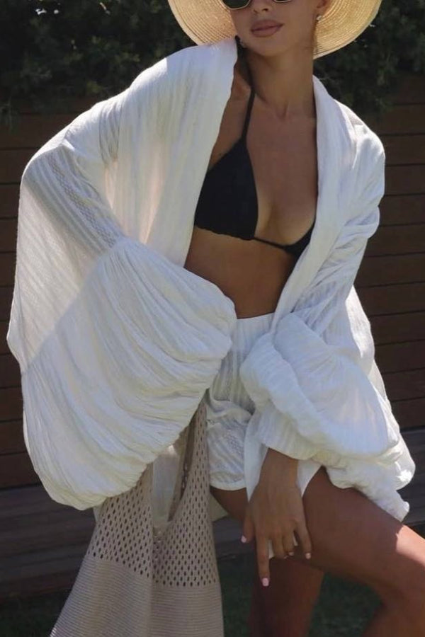 Solid Color Loose Long-sleeved Tie-front Top and Elastic Waist Casual Shorts Set