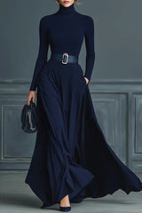 Solid Color High-neck Long-sleeved Elegant Slim-fit Maxi Dress