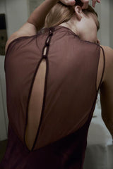 Remeah Mesh Satin Patchwork High Neck Back Cutout Button Maxi Dress