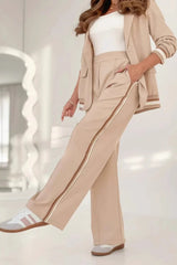 Solid Color Lapel Long Sleeve Loose Blazer and Elastic Waist Casual Pocket Wide Leg Pants Set