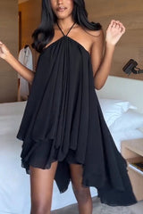 Chiffon Solid Color Halter Backless Irregular Mini Dress