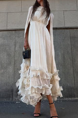 Fashionable V-neck Lace-up Ruffled Double-layer Hem Maxi Dress