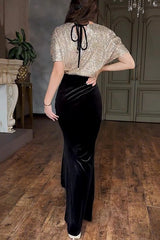 Elegant V-neck Sequined Velvet Stitching Sexy Slit Maxi Dress