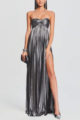 Metallic Sexy Tube Top Pleated High Slit Maxi Dress
