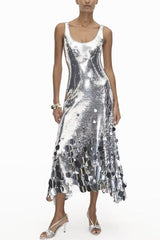 Party Tips Sequin Irregular Round Tassels Hem Back Cutout Tank Maxi Dress