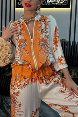 Unique Printed Casual Long-sleeved Loose Top and Elastic Waist Pocket Wide-leg Pants Set