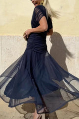 Unique Printed V-Neck Waisted Mesh Holiday Maxi Dress