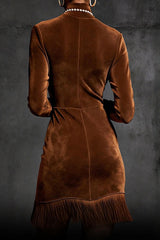 Stylish Suede Turtleneck Long-sleeved Slim-fit Tassel Mini Dress