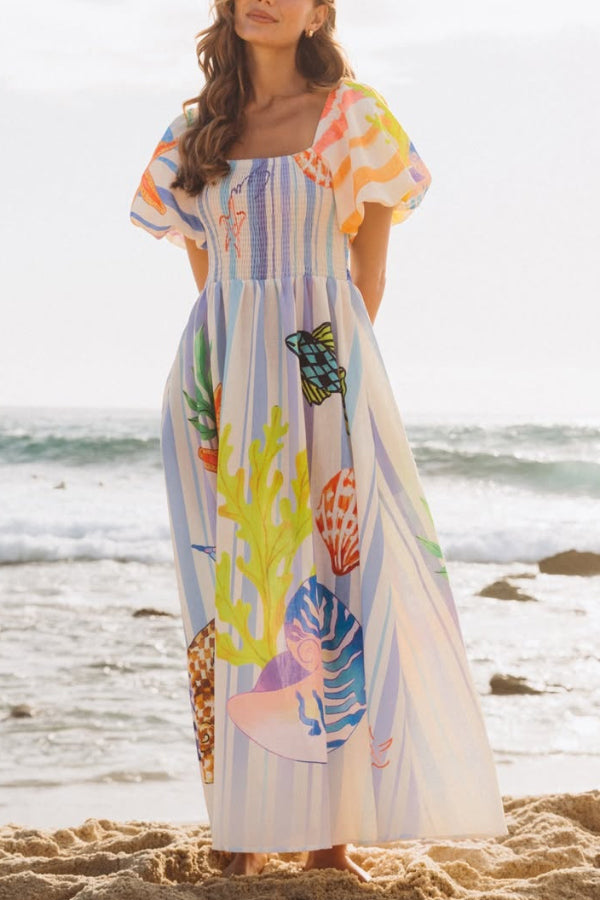 Marine Creature Print Square Neck Puff Sleeve Pleated Casual Pocket Maxi Dress
