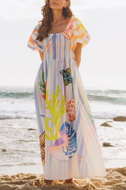 Marine Creature Print Square Neck Puff Sleeve Pleated Casual Pocket Maxi Dress
