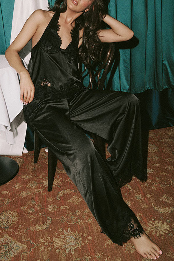 Elegant Morning Satin Lace Trim Halter Tie-up Tank and Elastic Waist Loose Pants Set