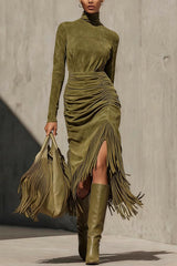 Stylish Suede High-neck Long-sleeved Pleated Tassel Midi Dress