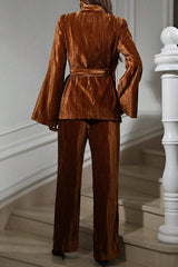 Solid Color Velvet Pleated Long-sleeved Tie Top and Casual Pocket Straight-leg Pants Set