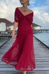 Unique Printed V-Neck Waisted Mesh Holiday Maxi Dress