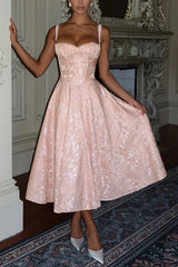 Palace Style Jacquard Fabric Backless Tie Slim Midi Dress