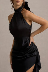 Maureen Satin High Neck Ruched Ruffle Slit Draped Maxi Dress