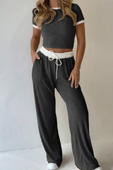 Fashionable Round Neck Short-sleeved Top and Elastic Waist Pocket Casual Straight Pants Set