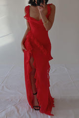 Ultra-se Silhouette Ruffle High Slit Lightweight Maxi Dress