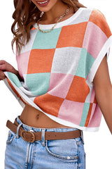 Fashionable Checkerboard Color Block Short-sleeved Loose Sweater