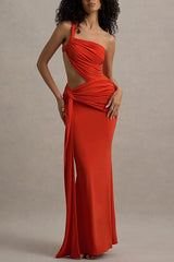 Sexy One-shoulder Backless Ribbon Pleated Slim Maxi Dress