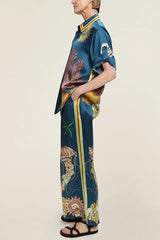 Linen Blend Unique Print Lapel Short Sleeve Shirt and Elastic Waist Loose Pocket Wide Leg Pants Set