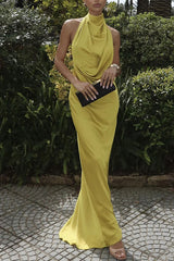 Elegant and Refined Satin Halter Draped Neck Backless Maxi Dress