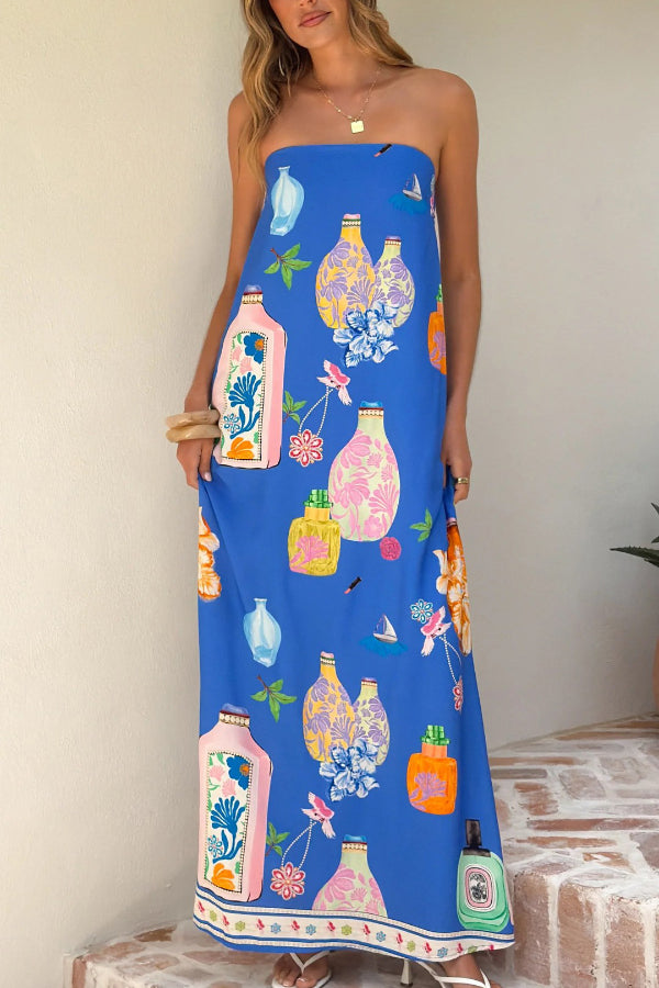 Linen Blend Perfume Bottle Print Sleeveless Off-shoulder Casual Pocket Vacation Maxi Dress