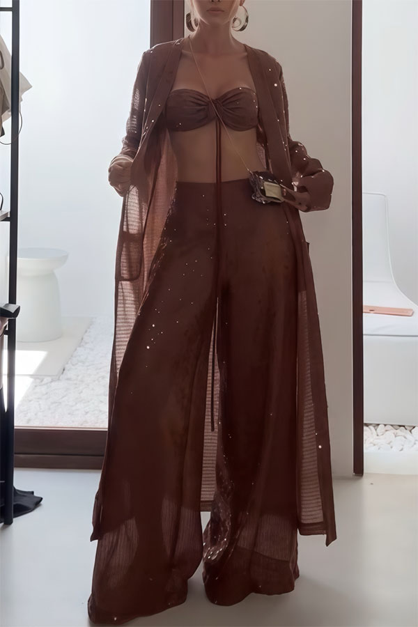 Seaside Whisper Sequin Tie-up Elastic Crop Tank and High Rise Zipper Loose Pants Set