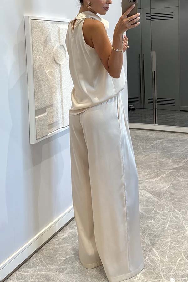 Classic on You Satin High Cowl Neck Top and Elastic Waist Pocket Loose Pants Set