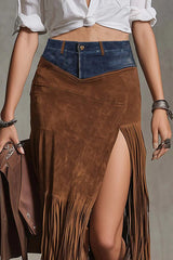 Fashionable Denim Suede Patchwork Spliced slit Fringed Hem Extra-long Midi Skirt